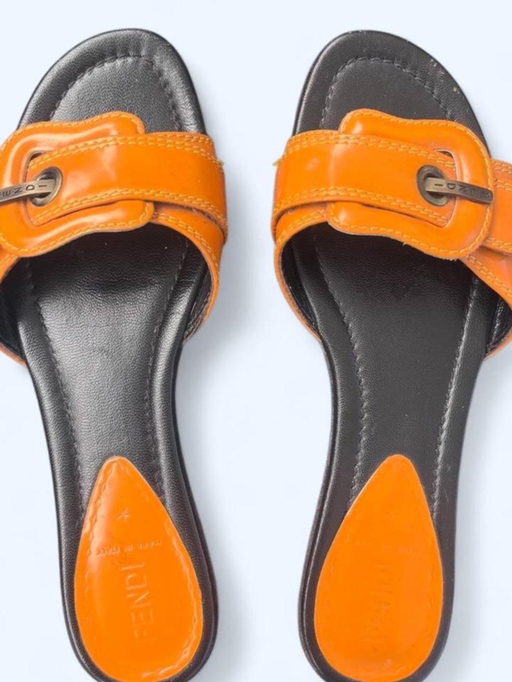 Y2K Vintage Fendi Orange Patent B Buckle Mule Sandal Size 37 Made In Italy 2000s